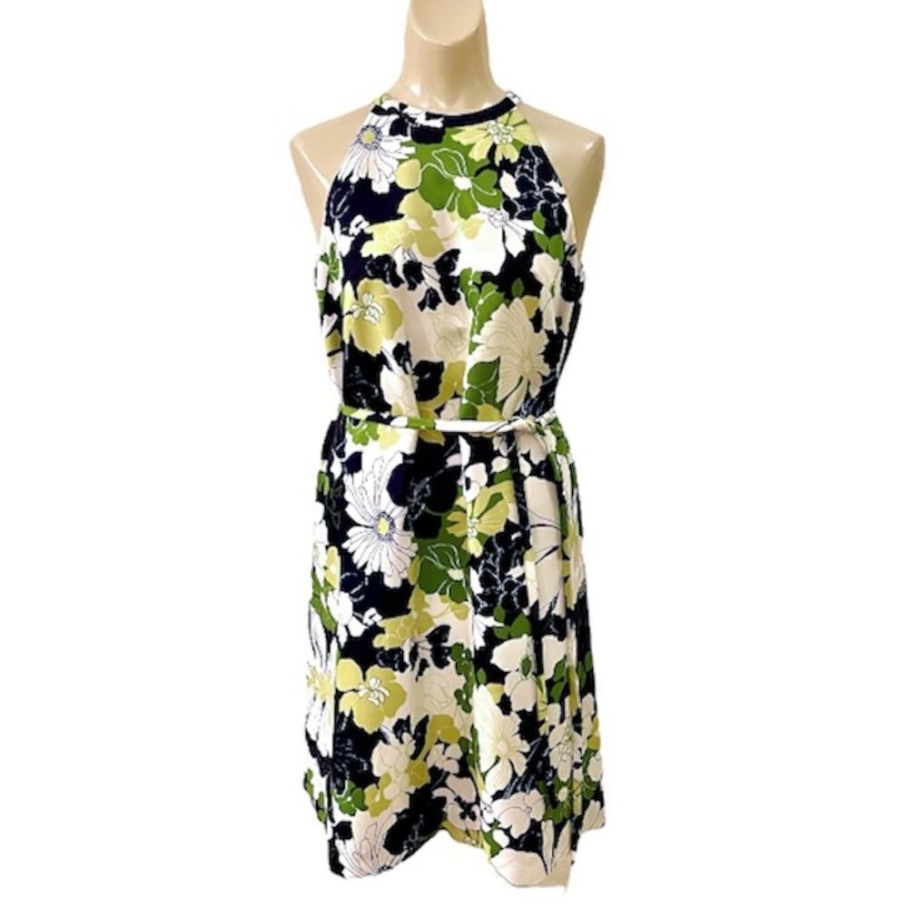 Vintage Handmade Spring Summer Floral Print Polyester Tie Halter Shift Dress